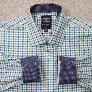 Society of Threads Flip Cuff Shirt Mens Large Green Slim 4 Way Stretch No Iron
